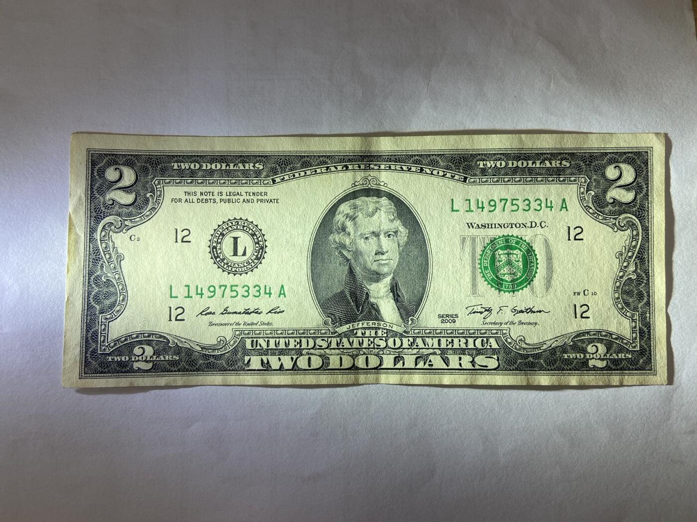 【炜奕收藏】裸钞专场第5期 【L14975334A】美国2美元，XF品相