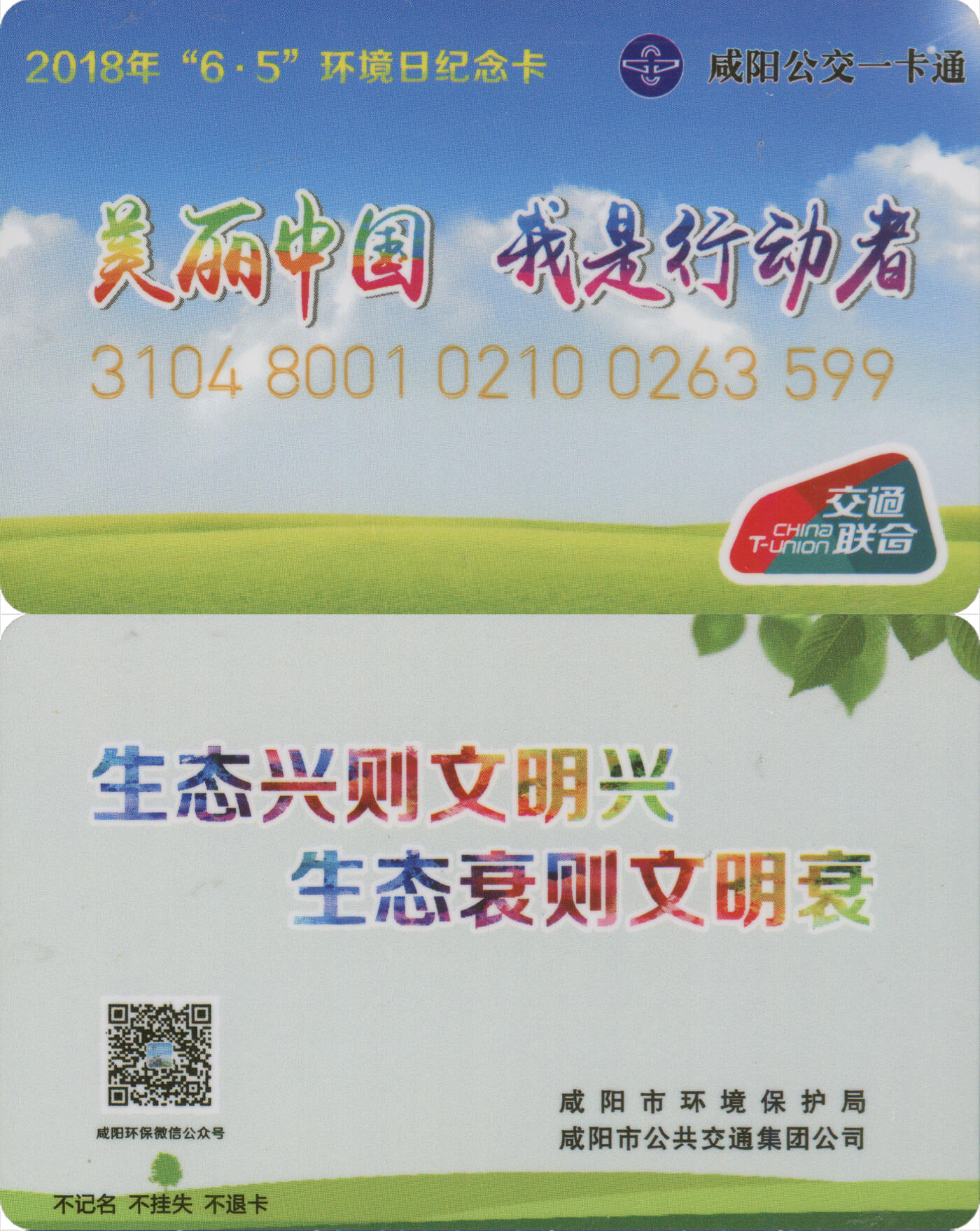 捡漏专场(第十二场)(青海&江苏&陕西) 咸阳市公共交通一卡通 环境日纪念卡 含充值12元 全新