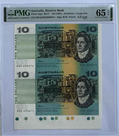 “麦稀奇世界钱币展” 2024第23场（总第175期）：外钞、纪念券、连体钞综合场 - 二连体带边 澳大利亚1991年末版10澳元（PMG65季军分）