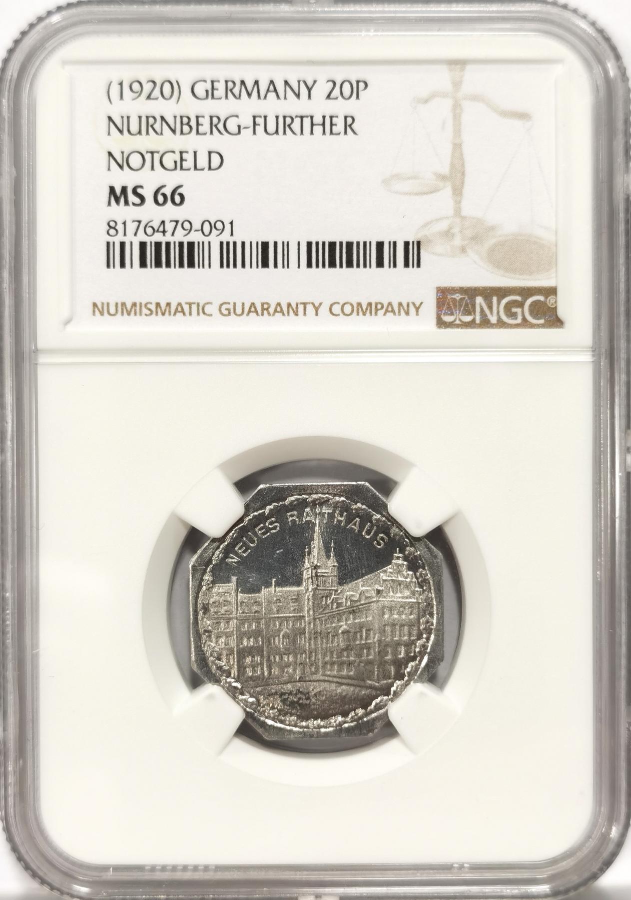 博洋堂世界钱币拍卖第087期（全场包邮） NGC MS66 德国德紧纽伦堡电车代用币20芬尼八角铝币2
