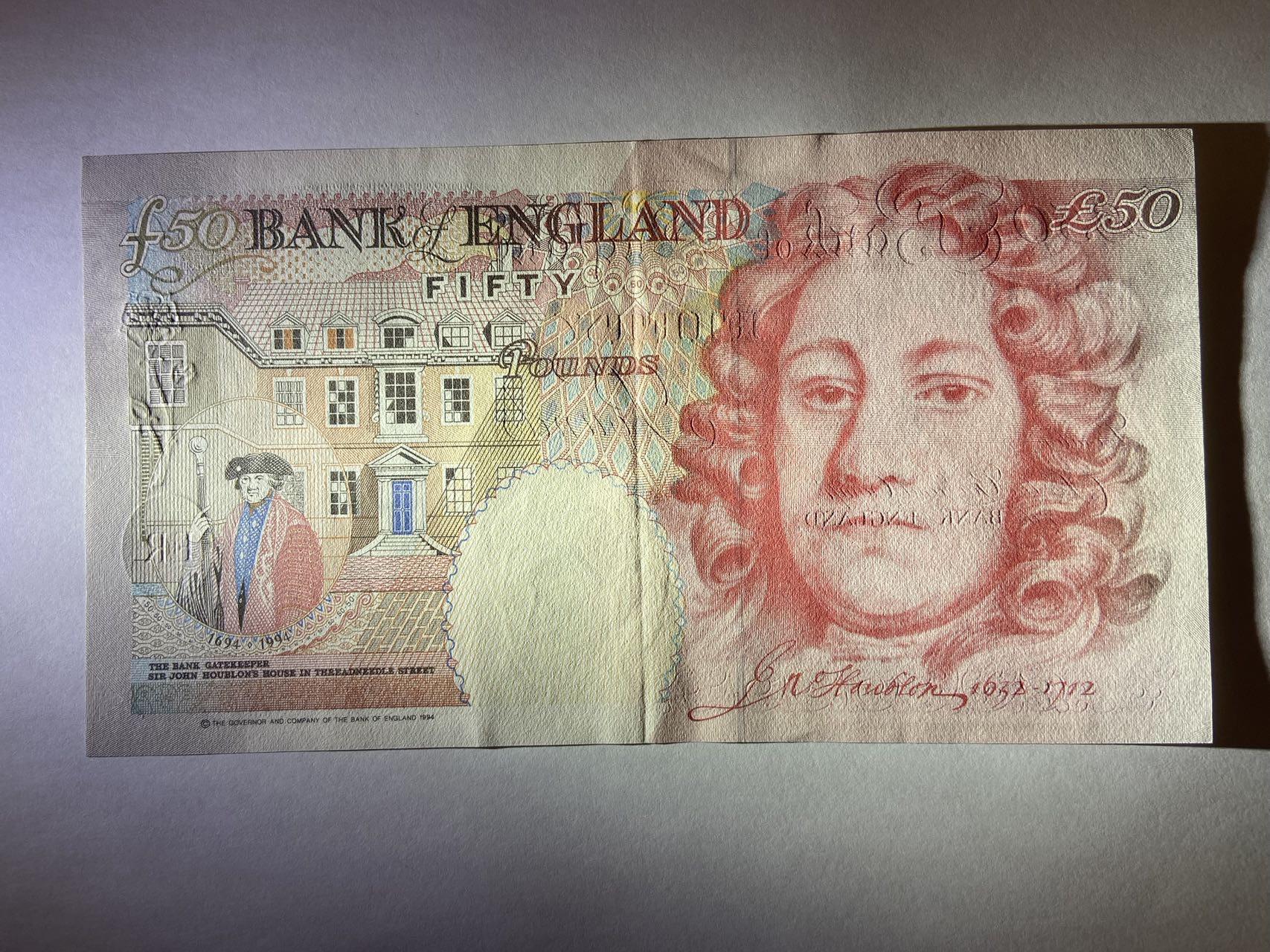 【炜奕收藏】裸钞专场第5期 【R50881068】英国E序列50磅，倒置号，AUC品相