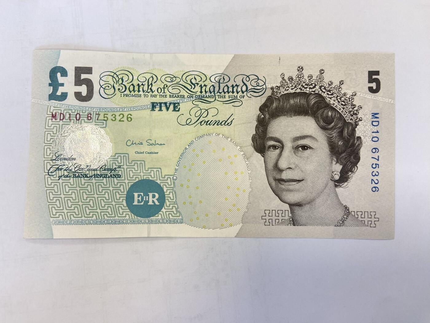 【炜奕收藏】裸钞专场第5期 【MD10675326】英国E序列再版5磅，AUC品相