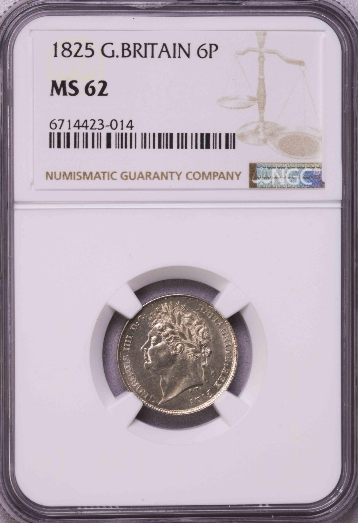 NGC-MS62 1825英国乔四盾徽版的6便士银币 稀少版本