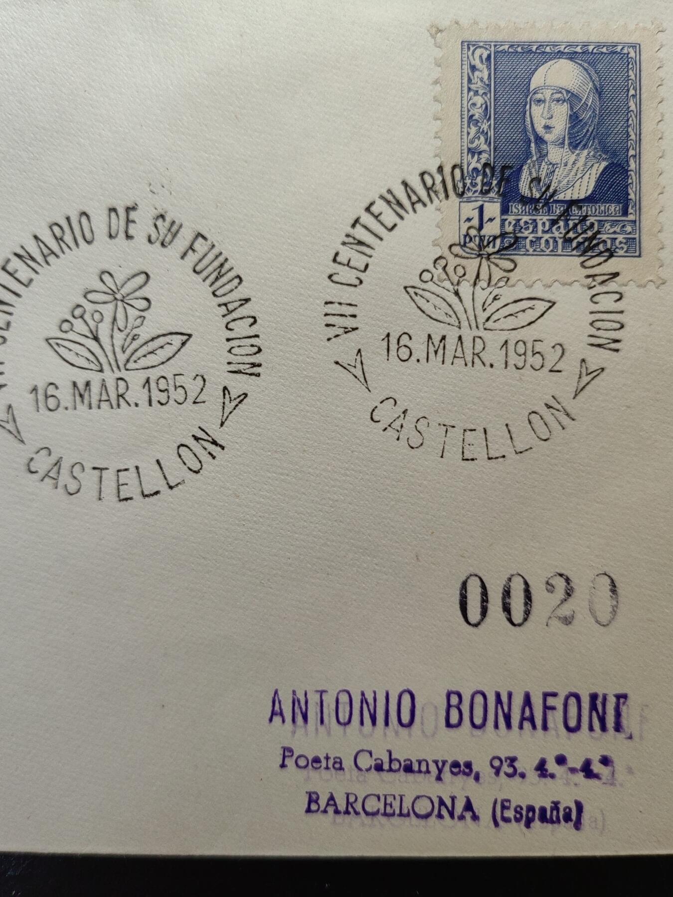 联合阁邮币社™ ——“多国邮品专场” 1952年-西班牙巴塞罗那-名人Matasello-实寄