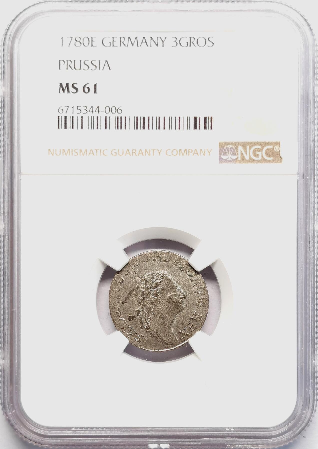 凡希社世界钱币微拍第二百七十一期 1780E普鲁士王国3Gro银辅币NGC-MS61