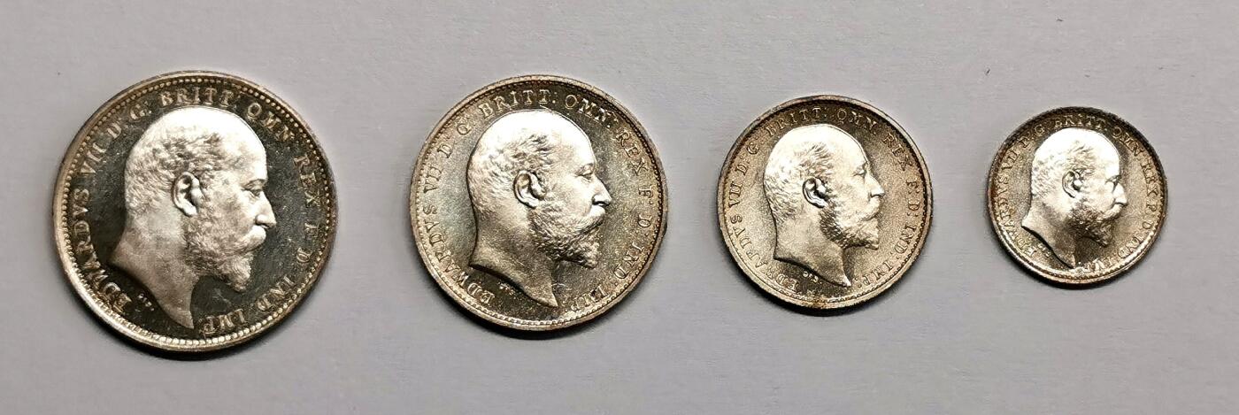 凡希社世界钱币微拍第二百七十一期 1906英国爱七濯足币四枚套PL，类镜面完美品相！