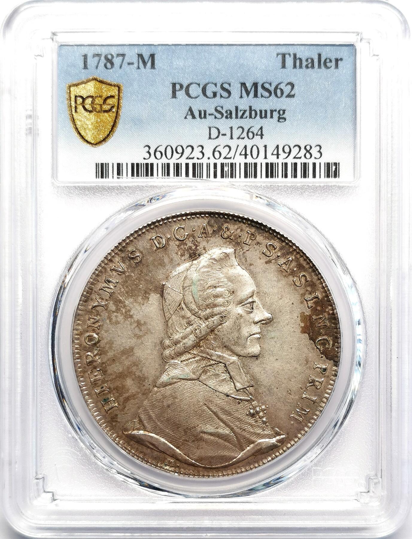 凡希社世界钱币微拍第二百七十一期 荐！1787M萨尔茨堡亲王大主教希罗尼穆斯泰勒大银PCGS-MS62，稀少的巴洛克式盾徽！