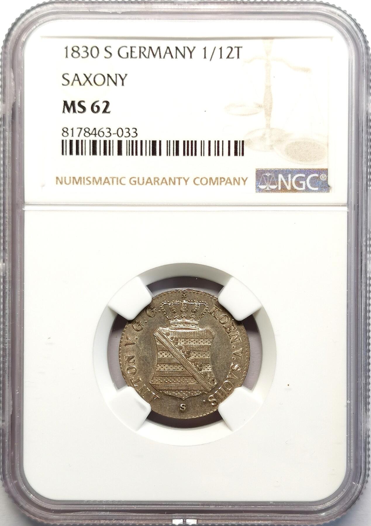 凡希社世界钱币微拍第二百七十一期 1830S德国萨克森1/12泰勒银辅币NGC-MS62