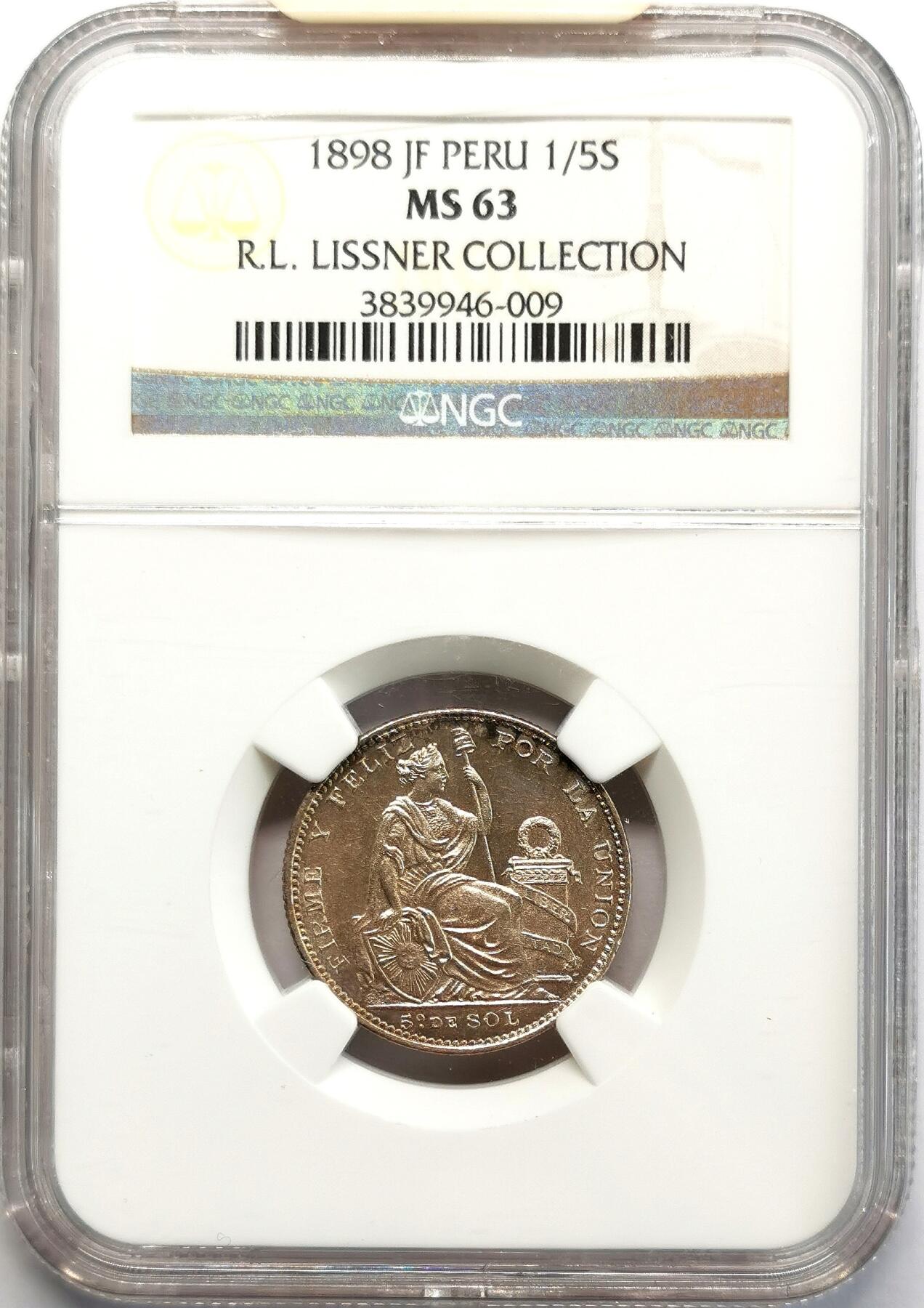 凡希社世界钱币微拍第二百七十一期 1898秘鲁座人1/5S银币NGC-MS63