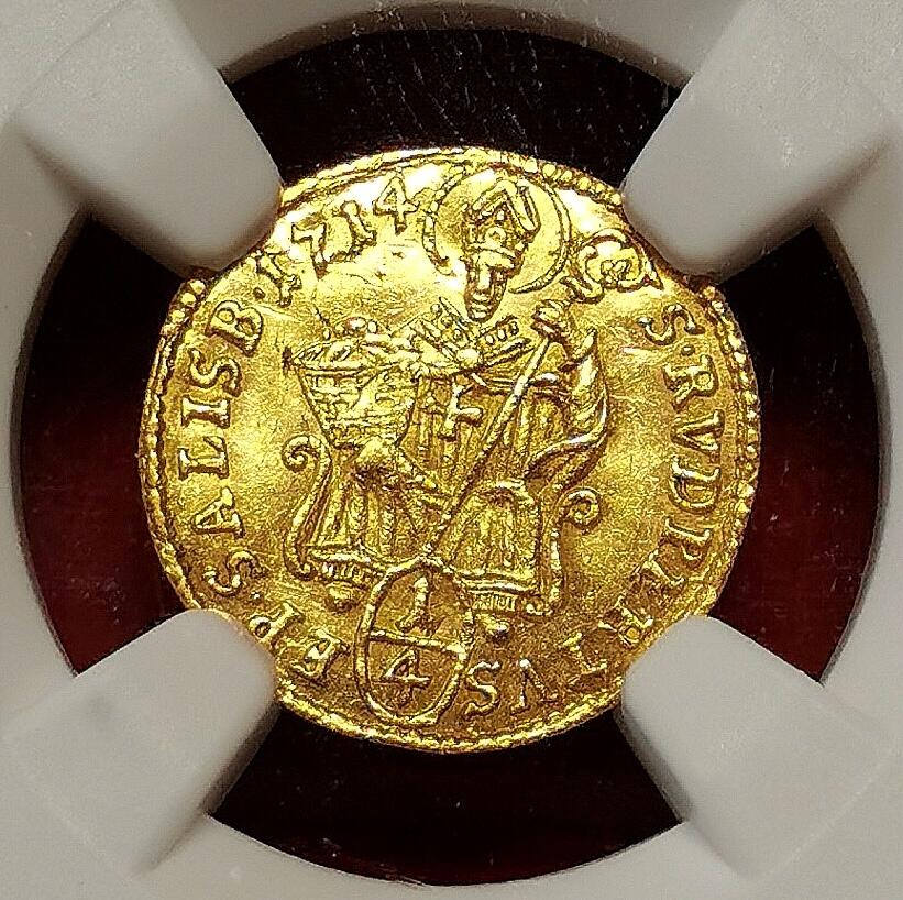 凡希社世界钱币微拍第二百七十一期 1714萨尔茨堡大主教弗朗茨·安东1/4杜卡特贸易金币NGC-MS62，0.875g， 987金，金色纯正！