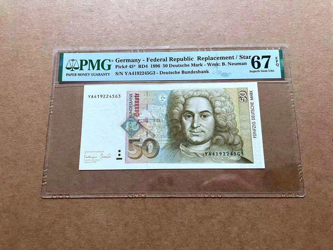 【Blue Auction】✨世界纸币精拍第485期【精】 【补号 p45*】德国 1996年50马克 PMG67EPQ 高分