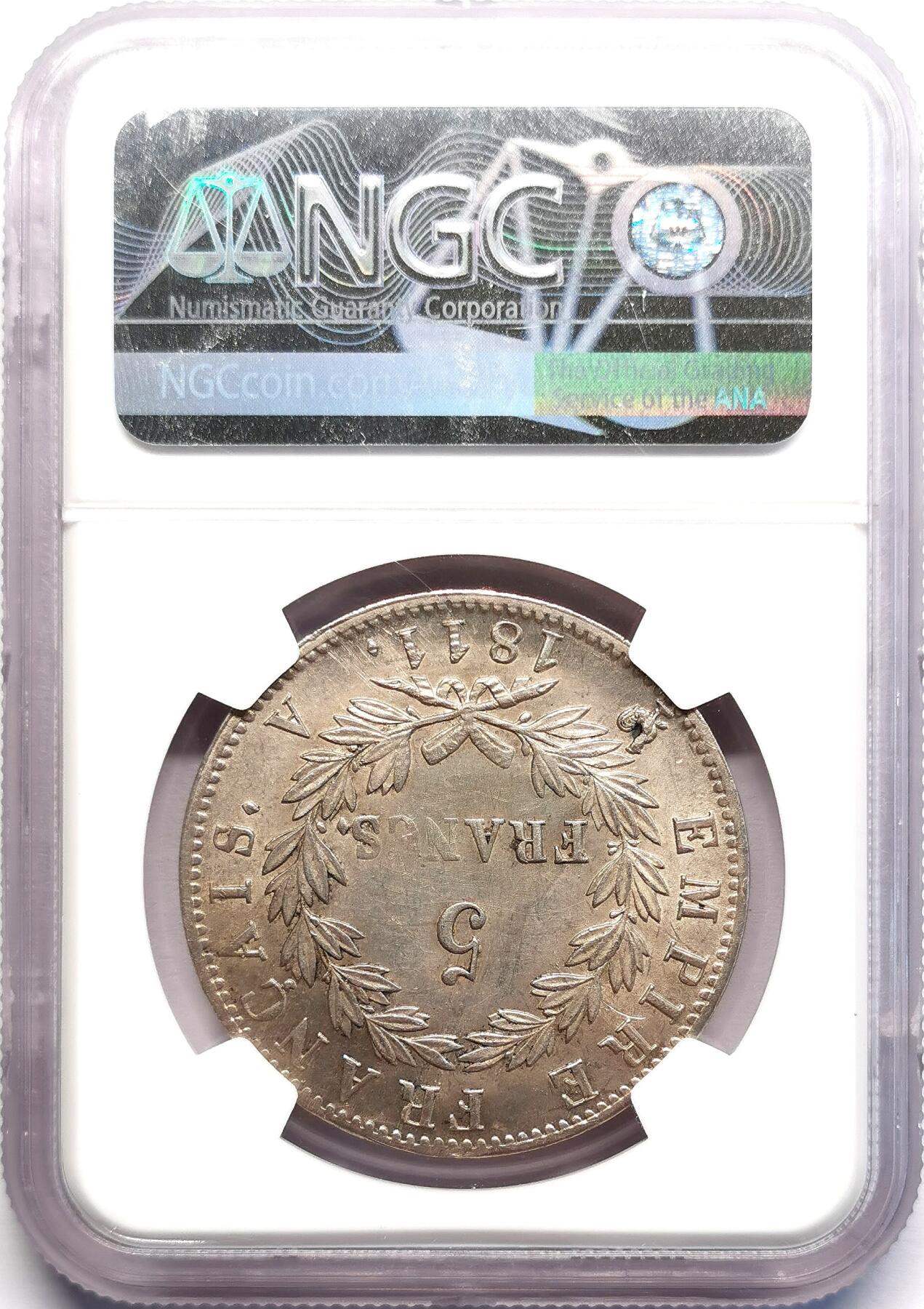 凡希社世界钱币微拍第二百七十一期 荐！1811A法兰西帝国拿破仑桂冠像5法郎大银NGC-MS62，粉光淡金彩，养眼美物！