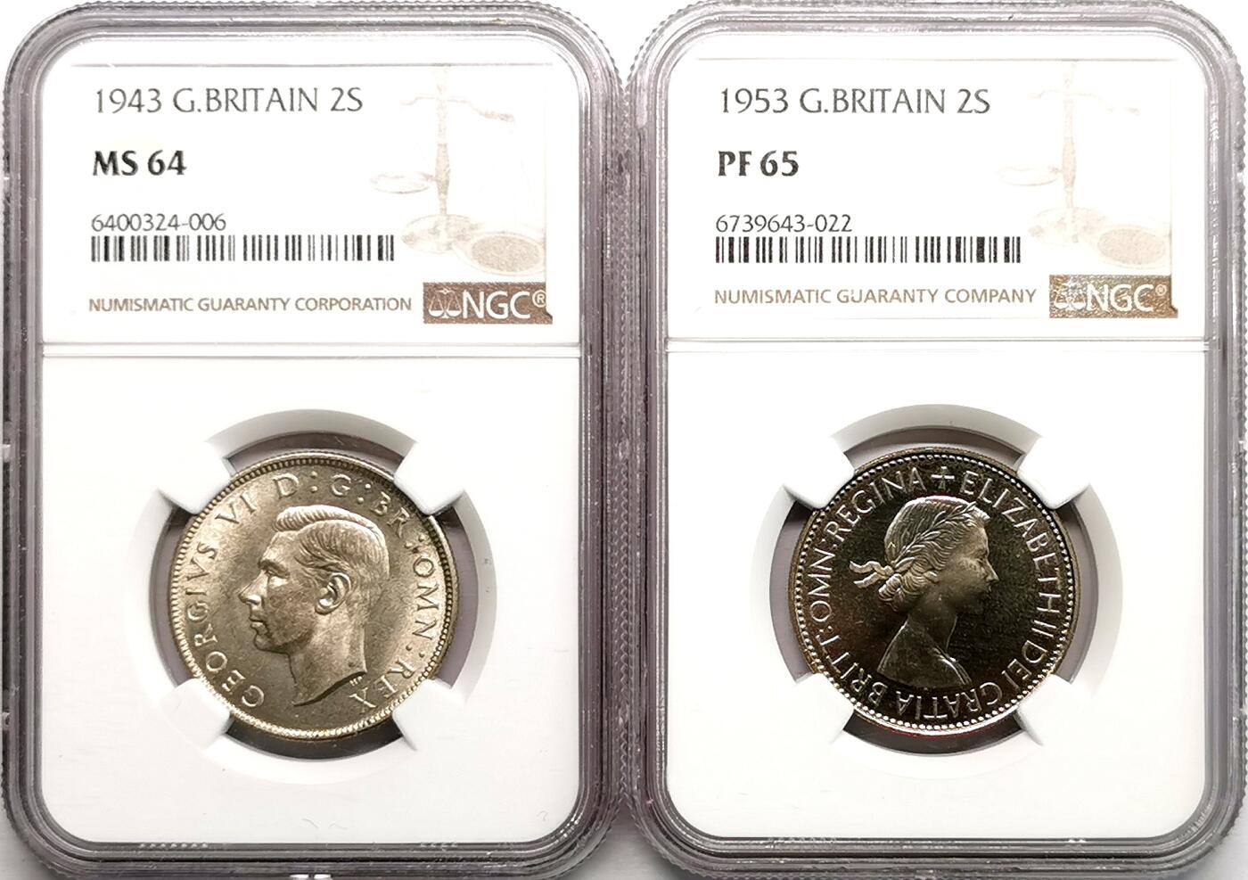 凡希社世界钱币微拍第二百七十一期 1943/53英国乔六/伊丽莎白2先令普制精制一对NGC