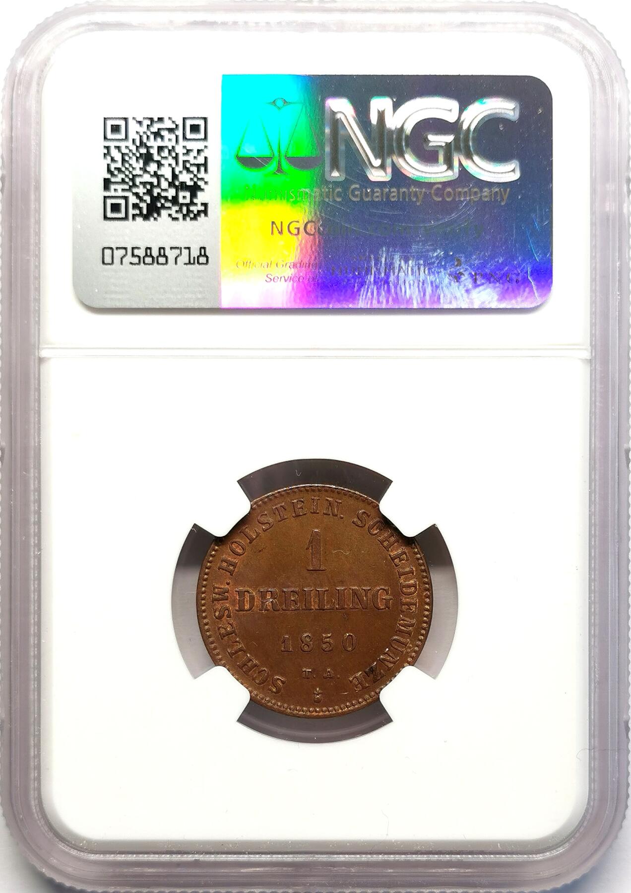 凡希社世界钱币微拍第二百七十一期 1850石勒苏益格-荷尔斯坦因临时政府1Dreiling铜币NGC-MS63，少见的一年型品种，MS稀有！