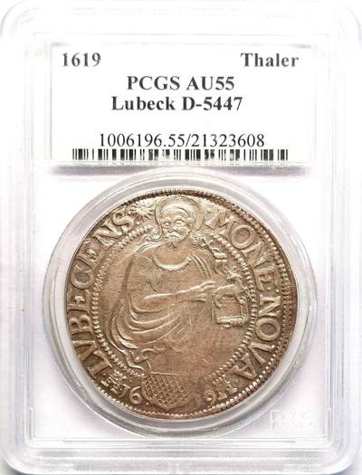 凡希社世界钱币微拍第二百七十一期 - 荐！1619汉萨同盟帝国自由市吕贝克泰勒大银PCGS-AU55，淡金五彩，压印细节优良，气韵典雅古朴！正面的羊羔图案象征贸易与财富，从十二世纪到十六世纪，作为同盟首府的吕贝克曾是北欧最重要的商业中心。