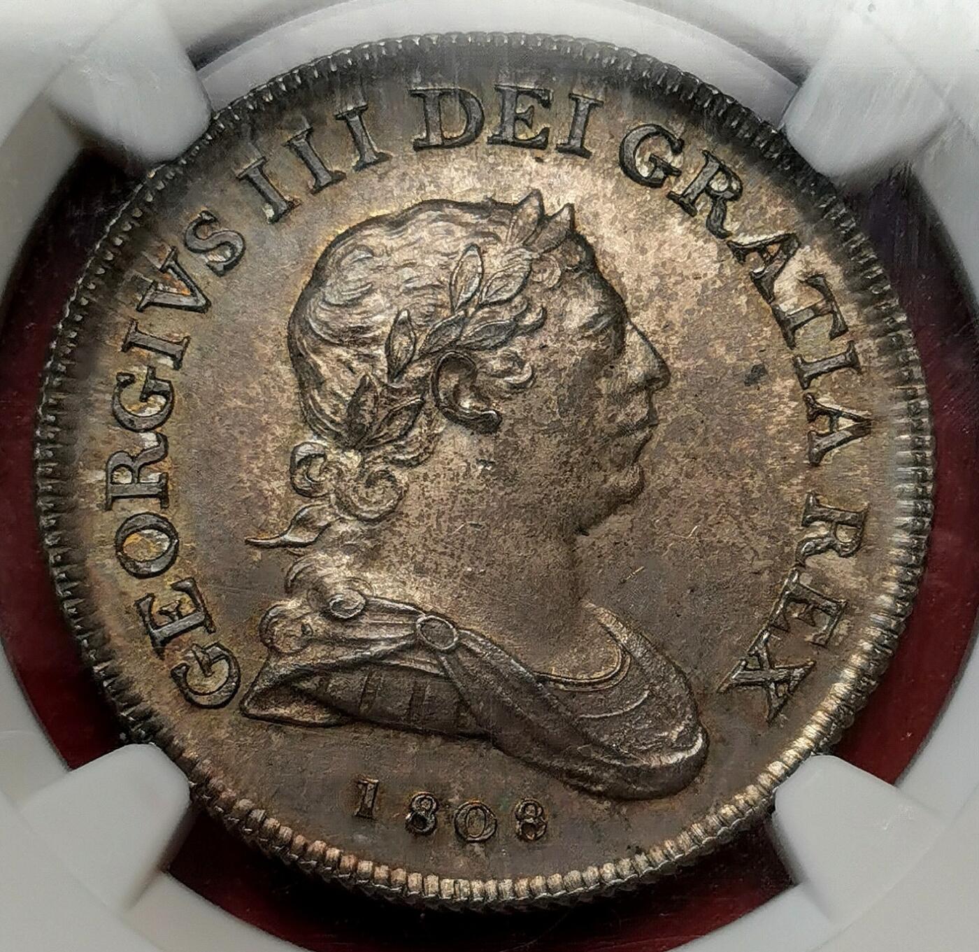 凡希社世界钱币微拍第二百七十一期 荐！1808爱尔兰乔治三世30便士银代用币NGC-MS64，传世烟熏深五彩，底板表面没有常见的裂纹或气泡形成的坑，完美藏家品质！