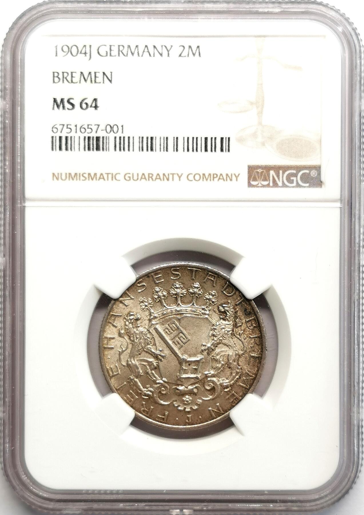 凡希社世界钱币微拍第二百七十一期 1904J德国不来梅2马克NGC-MS64，淡彩黄光！