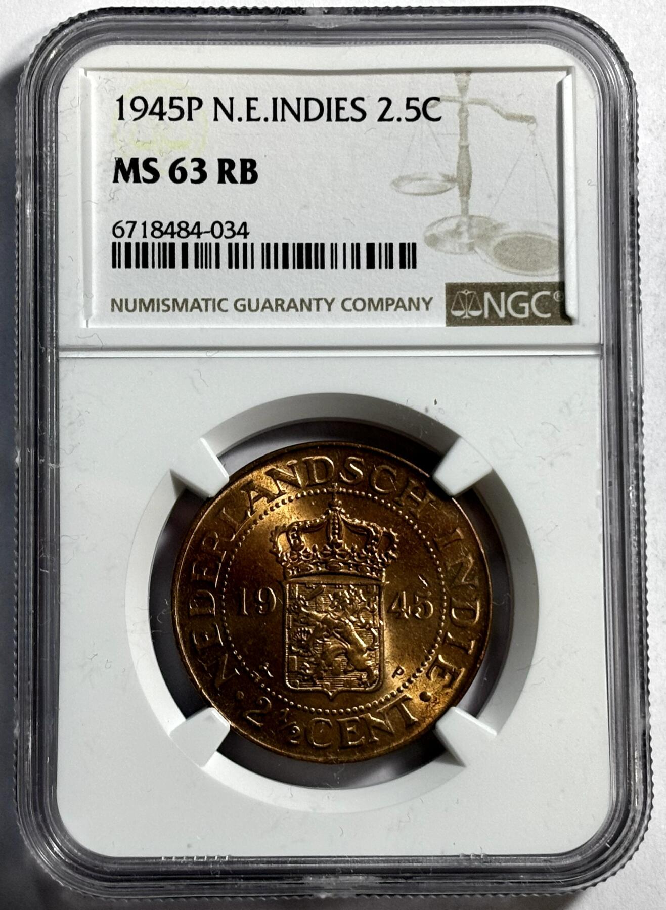 紫瑗钱币——第360期拍卖 荷属东印度 1945年 P版 2.5分 铜币 NGC MS63 RB