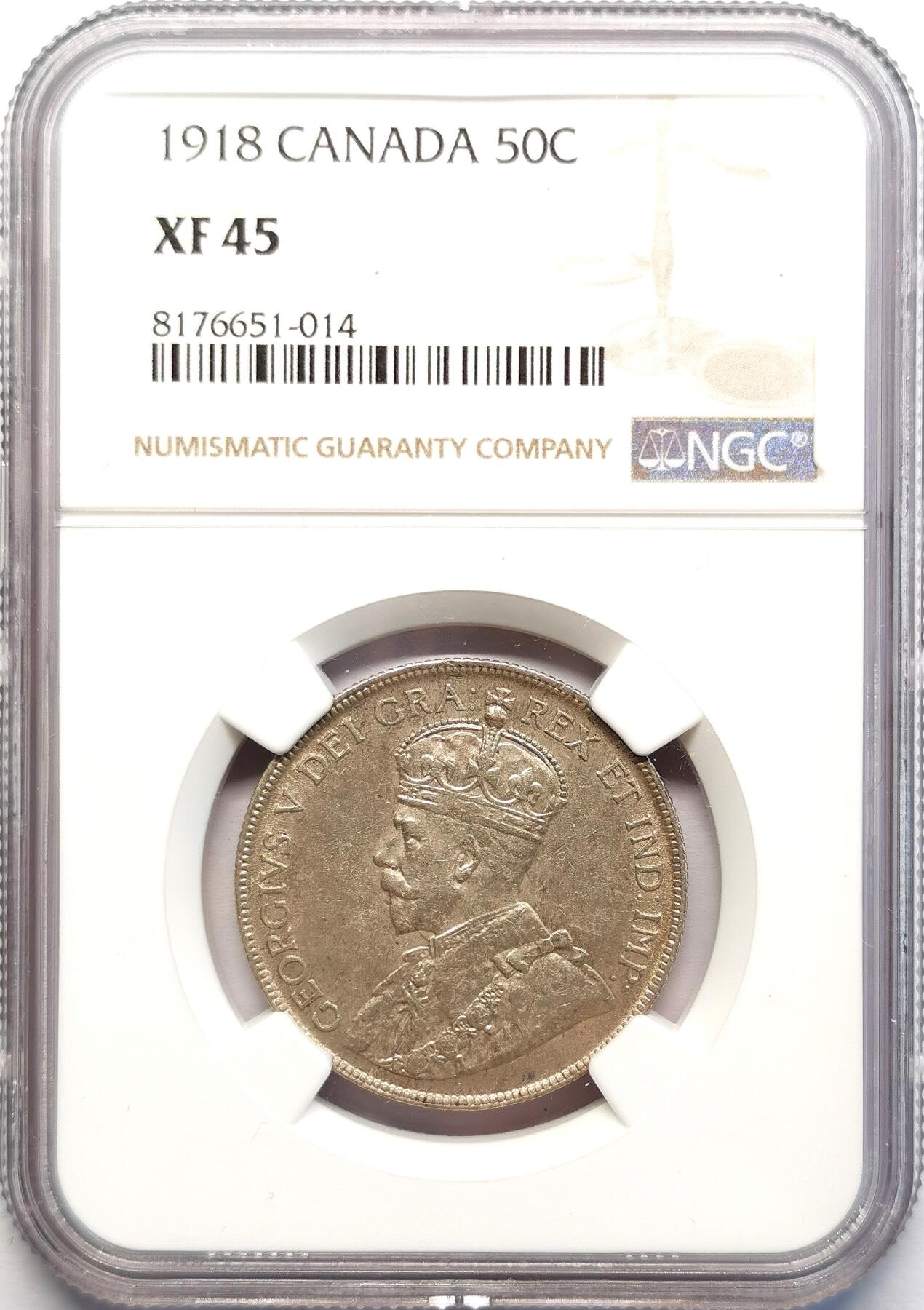 凡希社世界钱币微拍第二百七十一期 1918加拿大乔五50分银币NGC-XF45