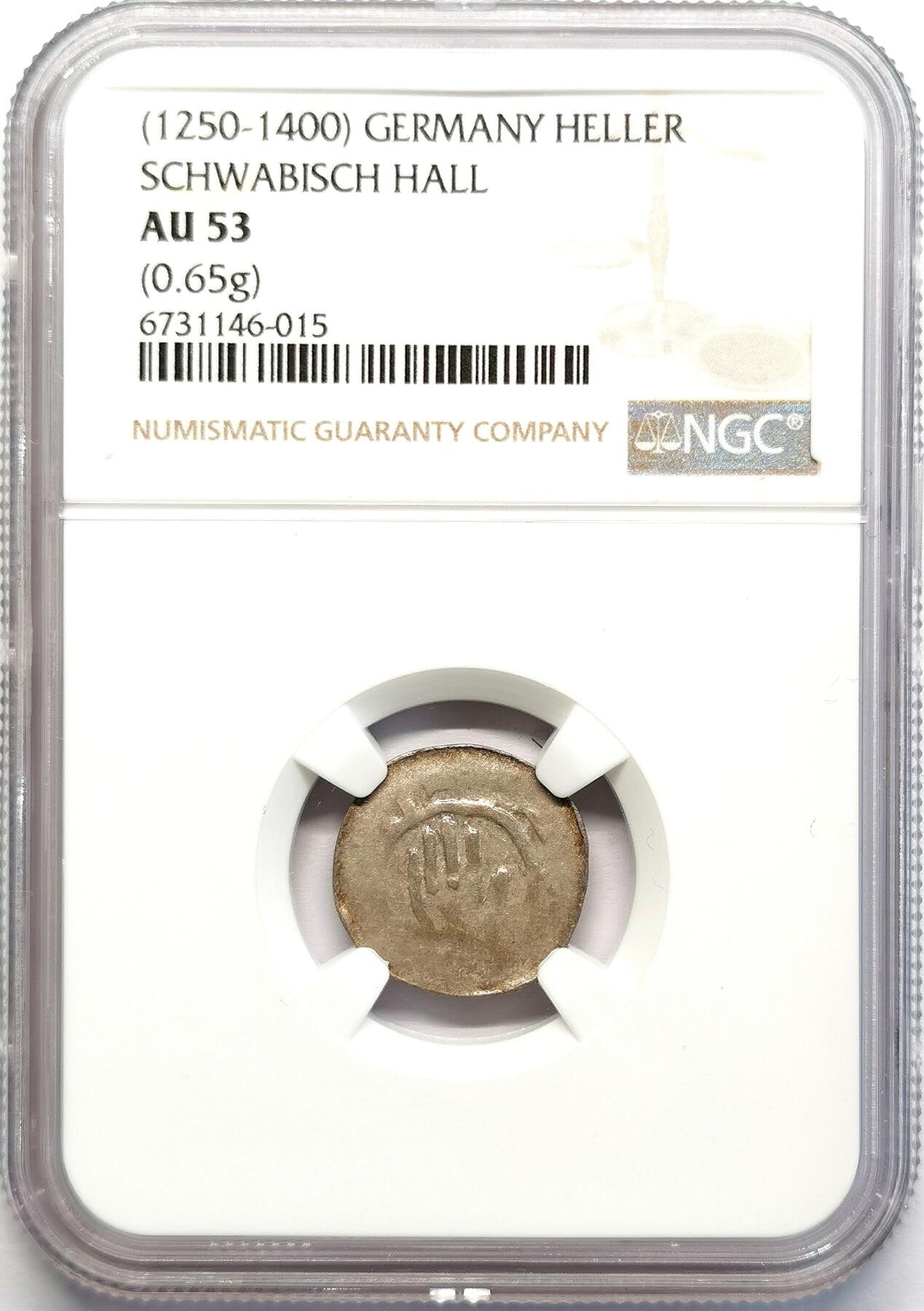 凡希社世界钱币微拍第二百七十一期 1250-1400帝国自由市施瓦本哈尔自由市最早的手掌与十字HELLER银币NGC-AU53