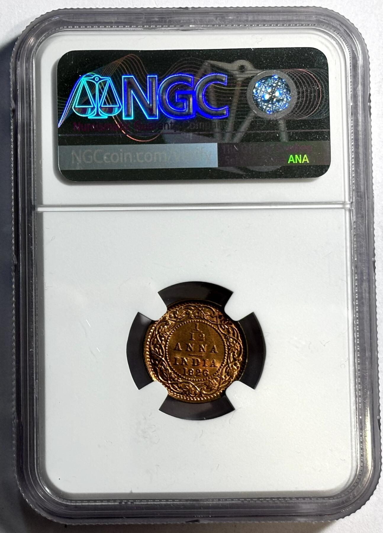 紫瑗钱币——第360期拍卖 英属印度 1926年 B版 乔治五世 1/12安娜 铜币 NGC MS65 RB