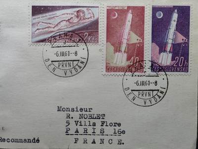 1961年-捷克斯洛伐克-苏联宇宙考察，人类飞向宇宙-实寄-捷克斯洛伐克寄法国-完整邮路-完整挂号信标贴