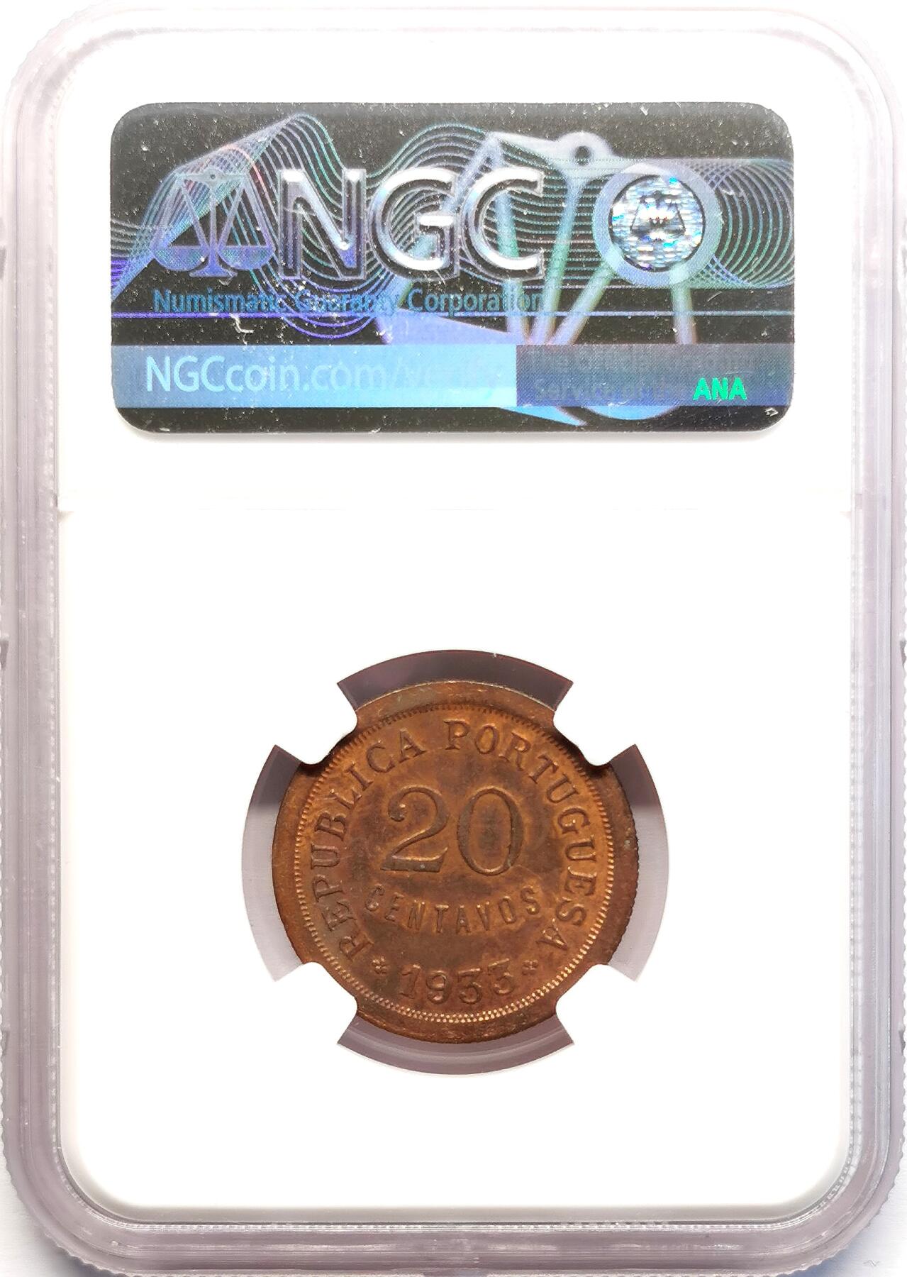 凡希社世界钱币微拍第二百七十一期 1933葡属几内亚20分铜币NGC-AU58