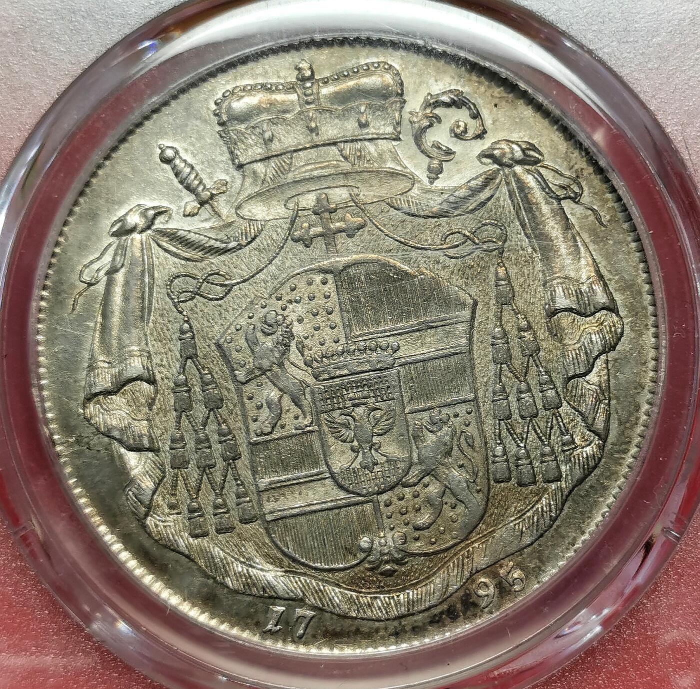 凡希社世界钱币微拍第二百七十一期 荐！1795萨尔茨堡亲王大主教希罗尼穆斯泰勒大银PCGS-MS61，铲形盾徽，香槟金彩！