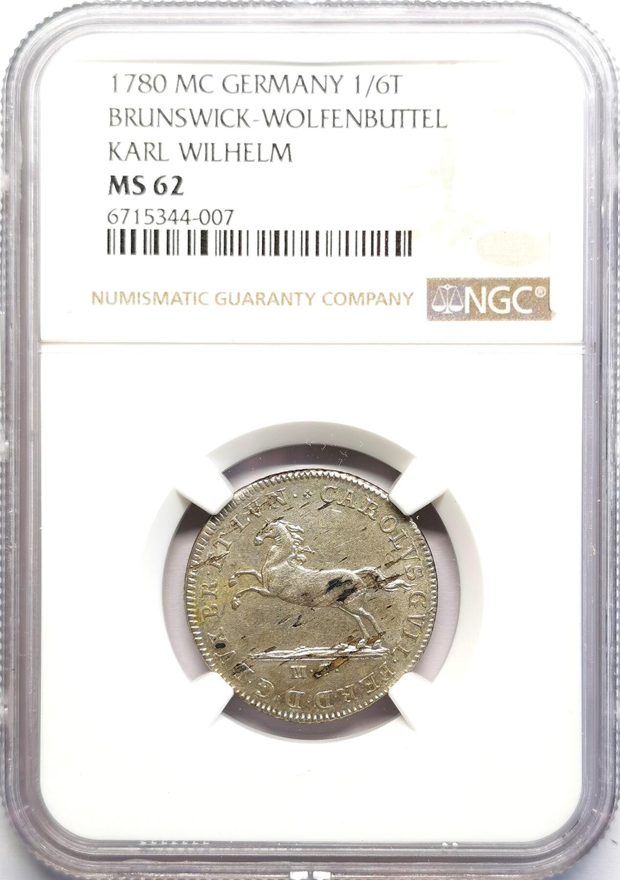 凡希社世界钱币微拍第二百七十一期 1780布伦瑞克沃芬伯特飞马1/6泰勒银币NGC-MS62