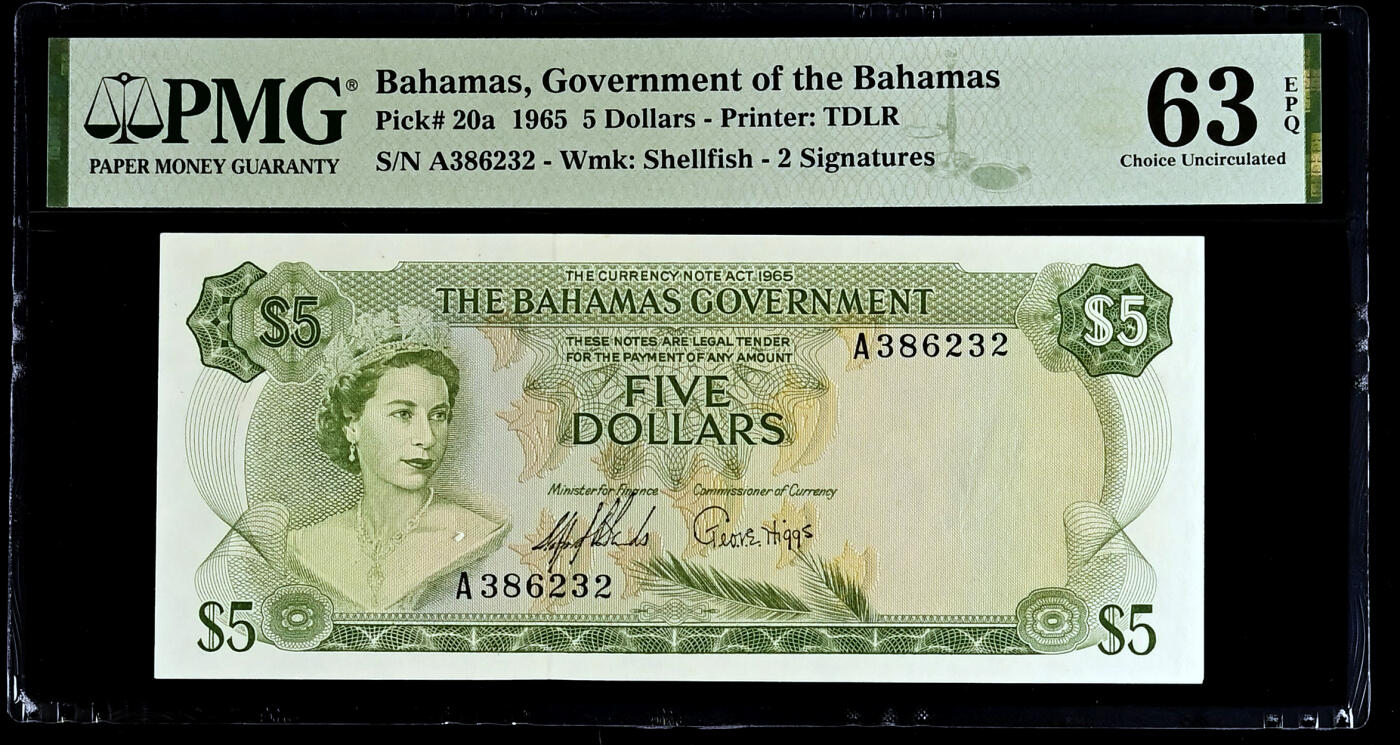 【Blue Auction】✨世界纸币精拍第485期【精】 【初版绿色版 A冠无47】巴哈马 1965年5元 女王 彩背 PMG63EPQ 原票