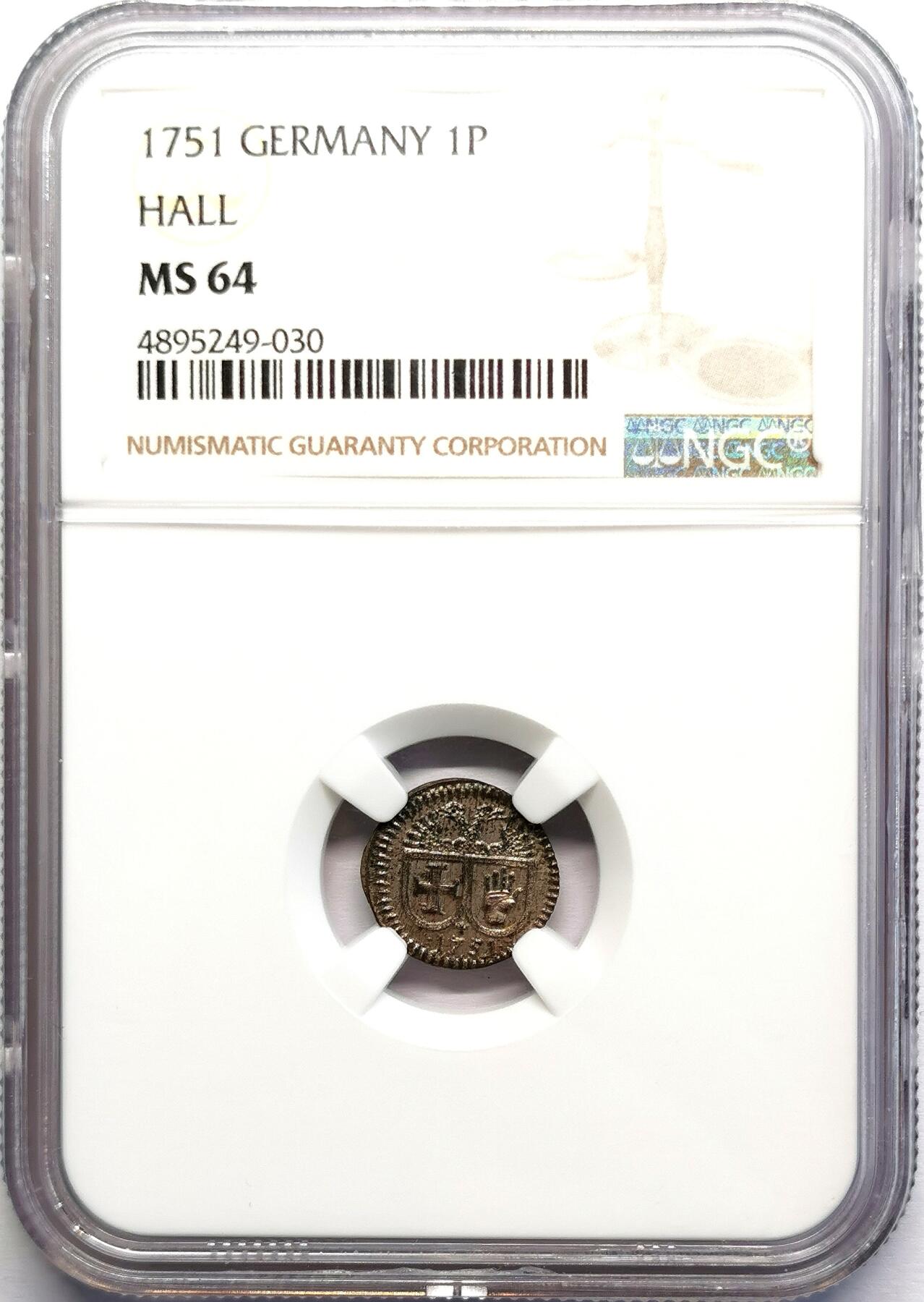 凡希社世界钱币微拍第二百七十一期 1751帝国自由市施瓦本哈尔芬尼单面银币NGC-MS64，著名的十字与手掌城徽！