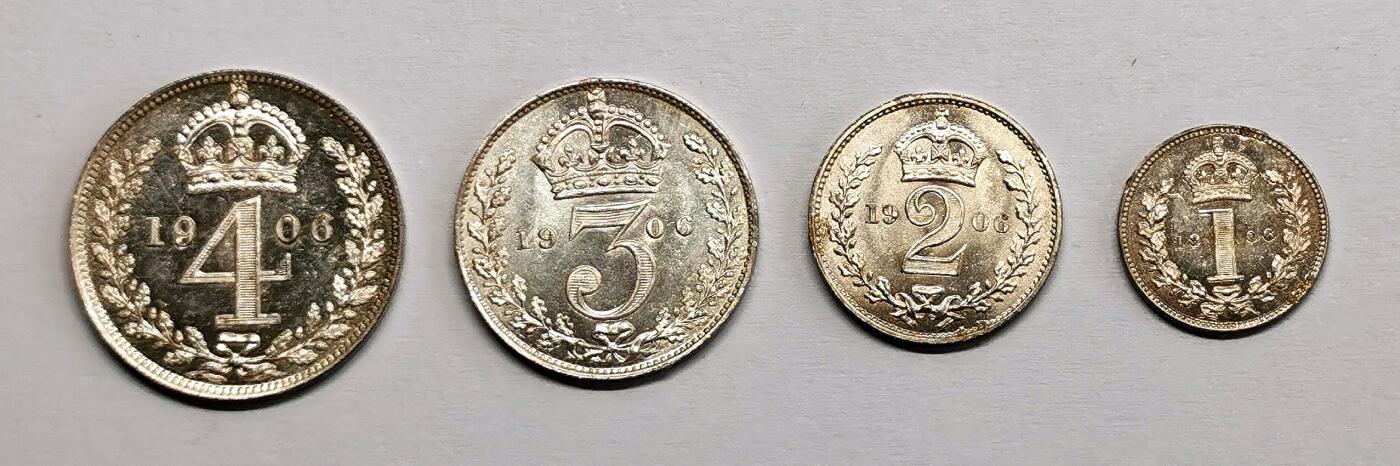 凡希社世界钱币微拍第二百七十一期 1906英国爱七濯足币四枚套PL，类镜面完美品相！