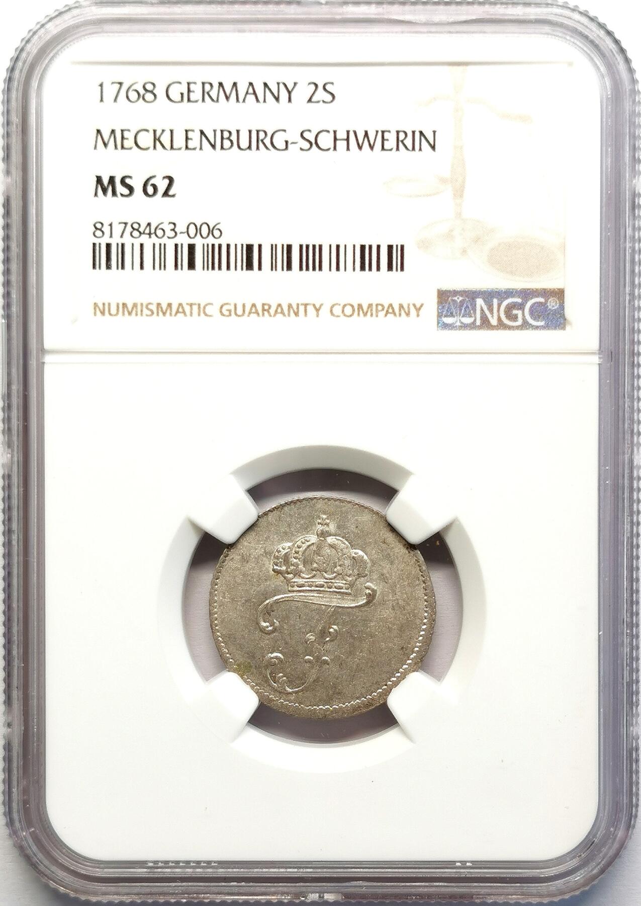凡希社世界钱币微拍第二百七十一期 1768梅克伦堡什未林2S银辅币NGC-MS62