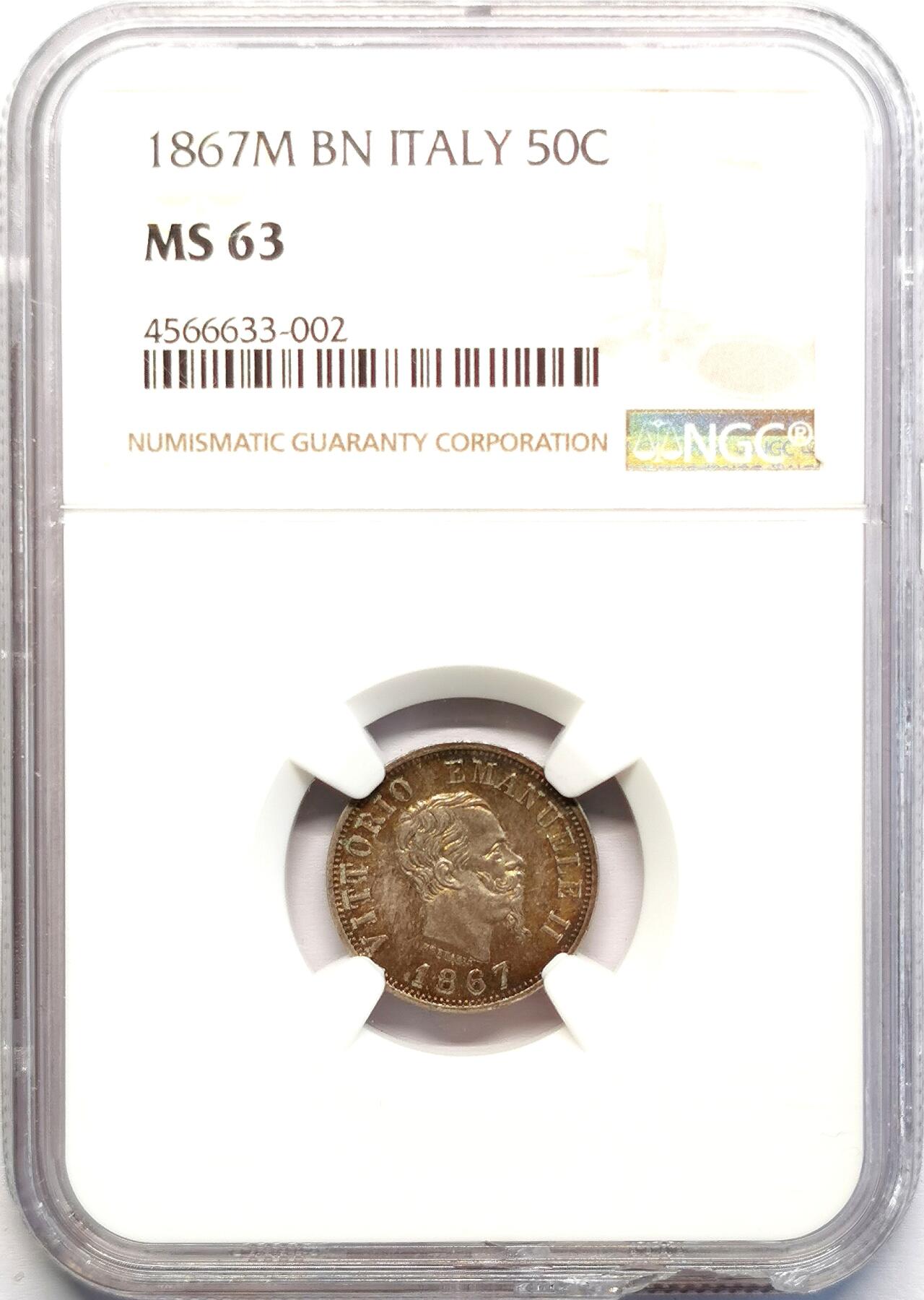 凡希社世界钱币微拍第二百七十一期 1867M意大利50分银辅币NGC-MS63
