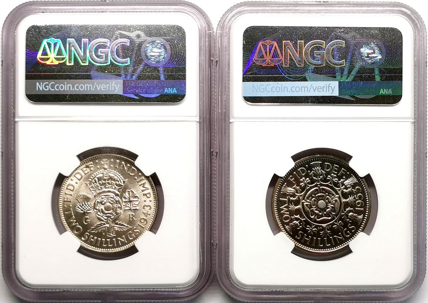 凡希社世界钱币微拍第二百七十一期 1943/53英国乔六/伊丽莎白2先令普制精制一对NGC