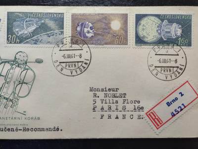 1961年-捷克斯洛伐克-苏联宇宙考察，人类飞向宇宙-实寄-捷克斯洛伐克寄法国-完整邮路-完整挂号信标贴