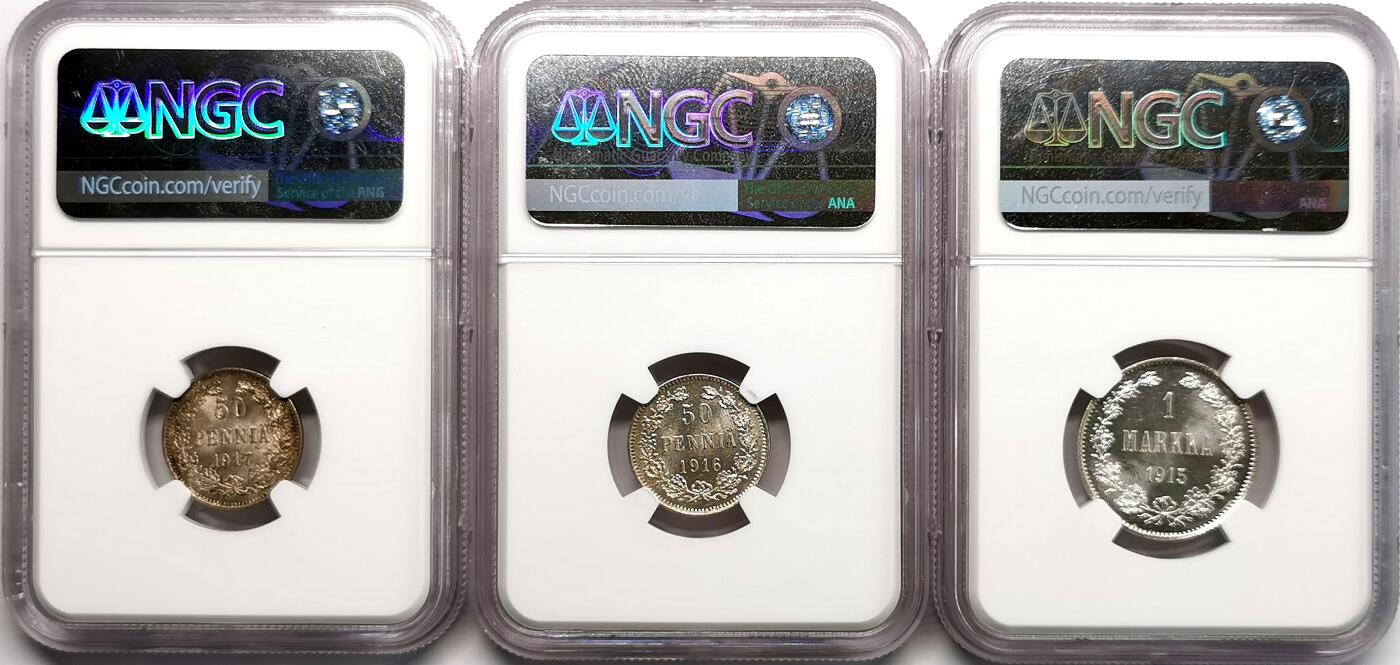 凡希社世界钱币微拍第二百七十一期 1915/6芬兰50盆尼/马克银币三枚一组NGC-MS64/65/65