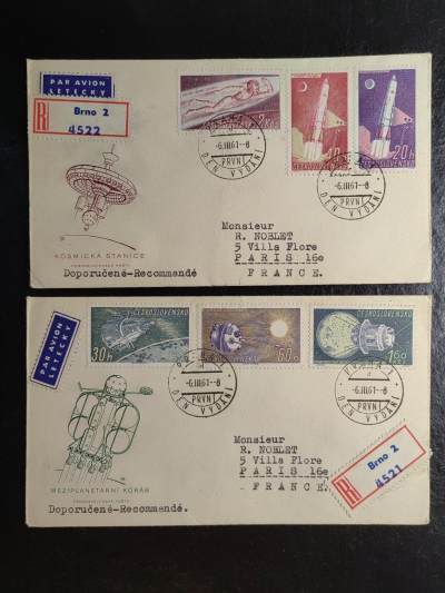 1961年-捷克斯洛伐克-苏联宇宙考察，人类飞向宇宙-实寄-捷克斯洛伐克寄法国-完整邮路-完整挂号信标贴
