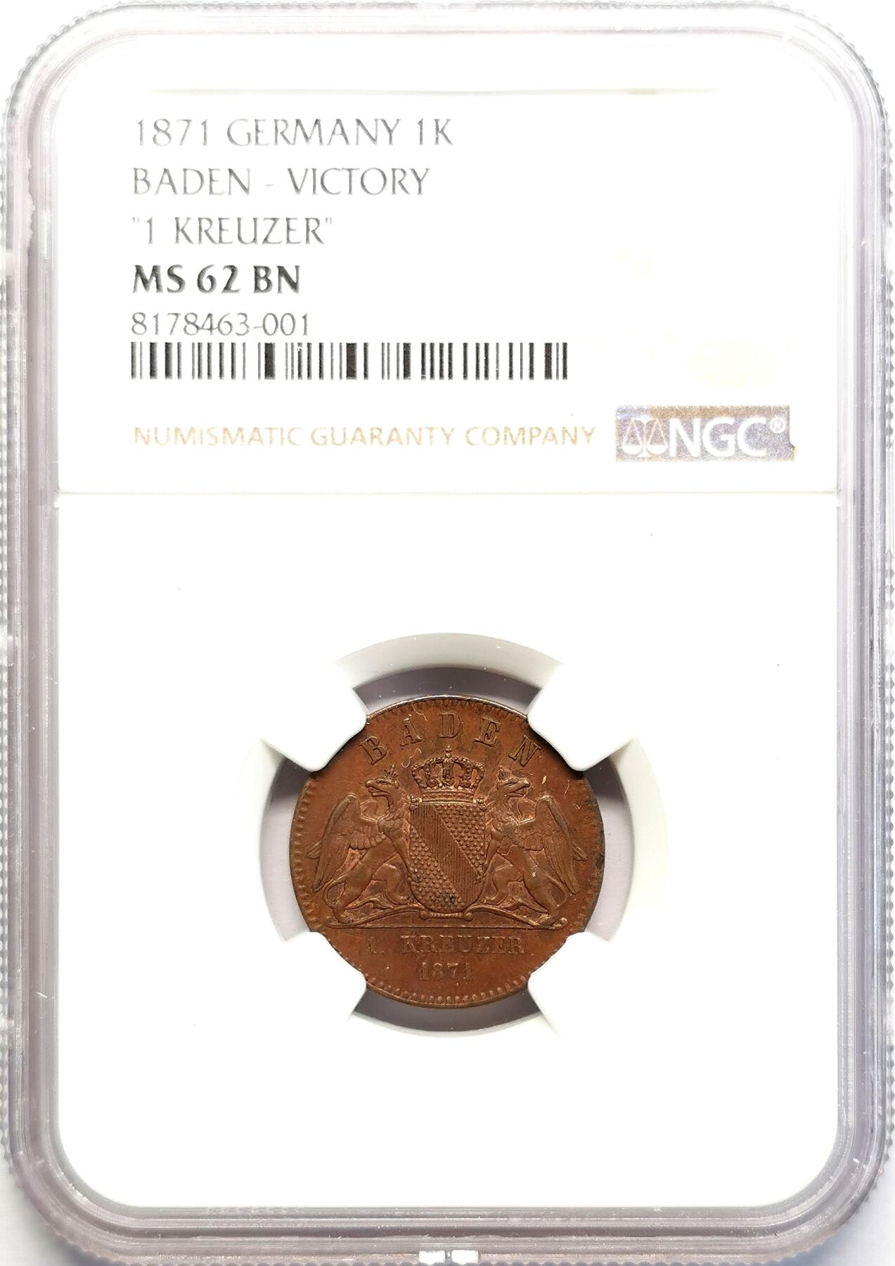 凡希社世界钱币微拍第二百七十一期 1871德国巴登普法战争胜利纪念克鲁泽铜币NGC-MS62