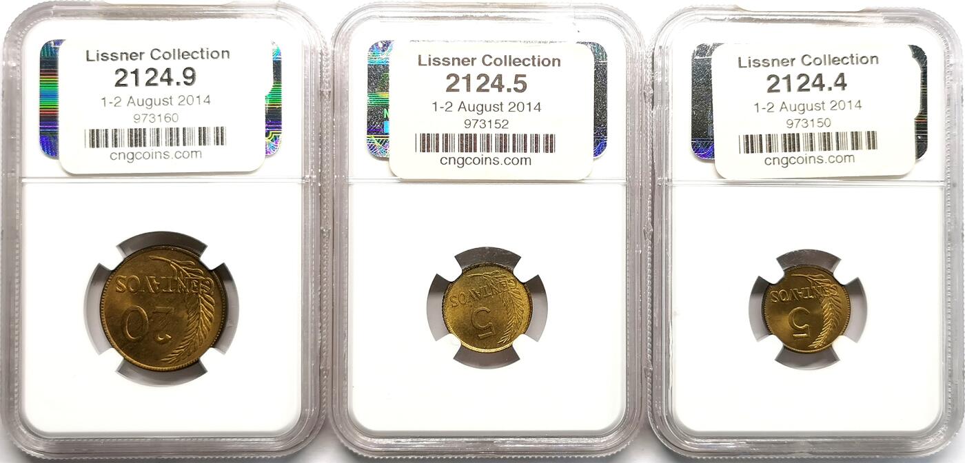 凡希社世界钱币微拍第二百七十一期 1942/7秘鲁5分/20分黄铜币三枚一组NGC-MS64/66/67