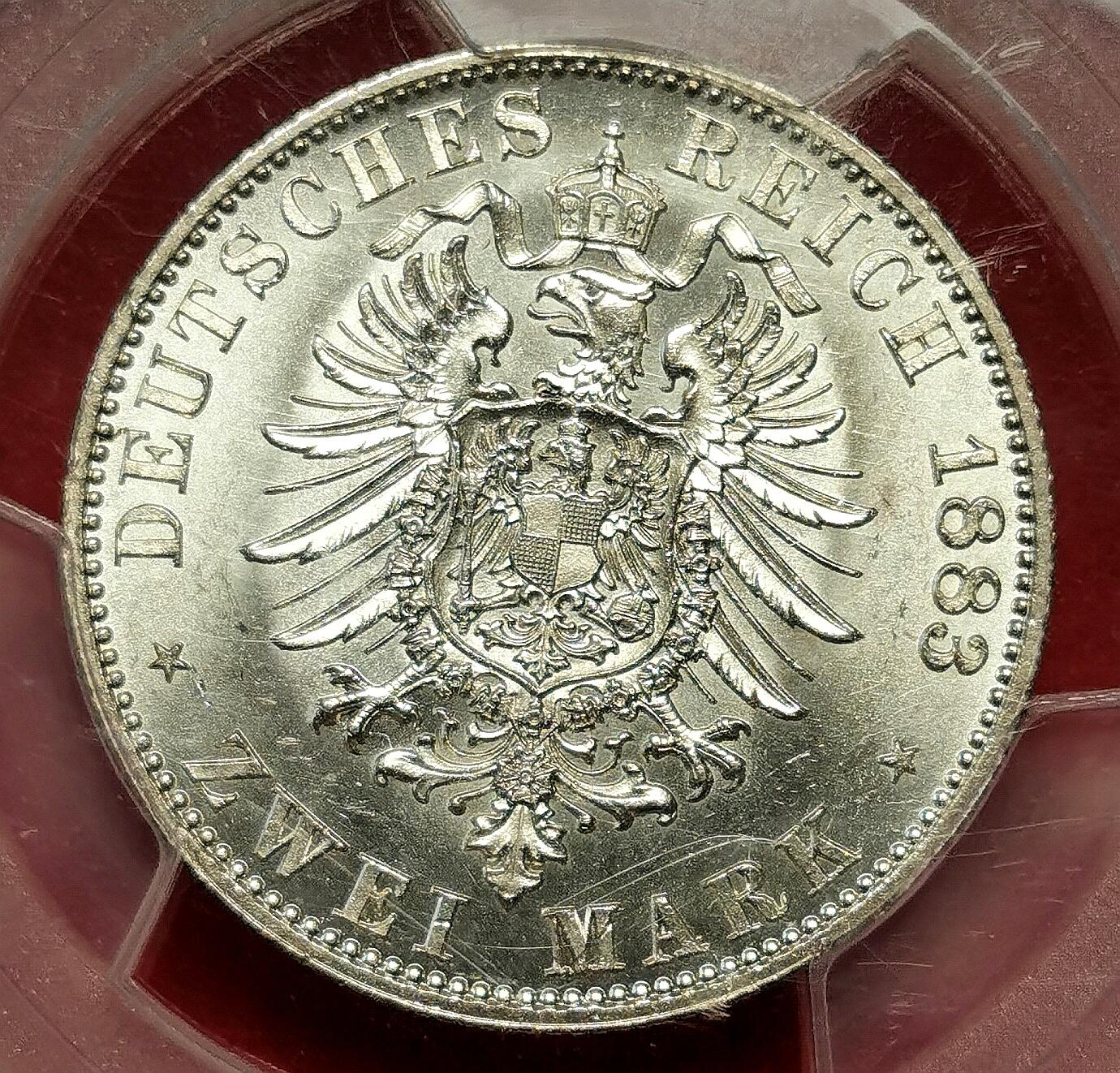 凡希社世界钱币微拍第二百七十一期 荐！1883A德意志帝国德皇威廉一世2马克短翅鹰PCGS-MS64，原色银光收藏级精品，后期稀有年份！