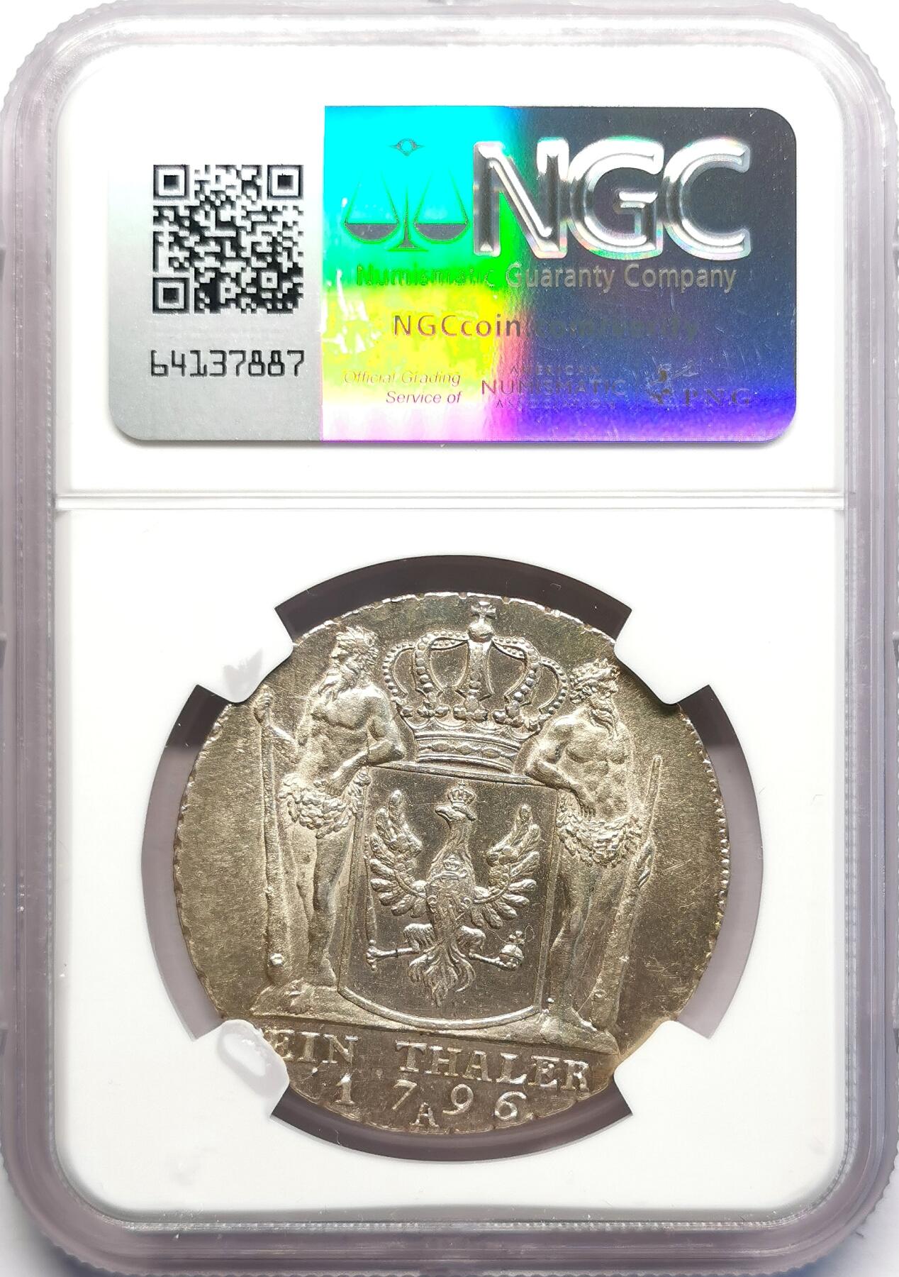 凡希社世界钱币微拍第二百七十一期 1796A德国普鲁士腓特烈威廉二世泰勒大银NGC-UNCD，压铸深峻，实物相当漂亮的一枚！