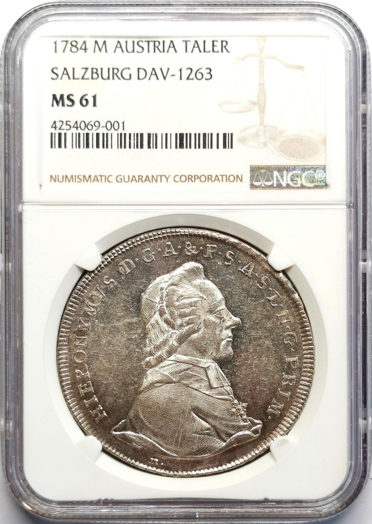 凡希社世界钱币微拍第二百七十一期 1784萨尔茨堡亲王大主教希罗尼穆斯泰勒大银NGC-MS61，椭圆盾徽，原银光质感一流！