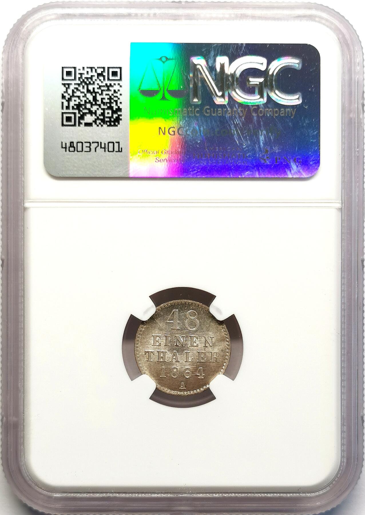 凡希社世界钱币微拍第二百七十一期 1864A梅克伦堡什未林1/48泰勒银辅币NGC-MS65