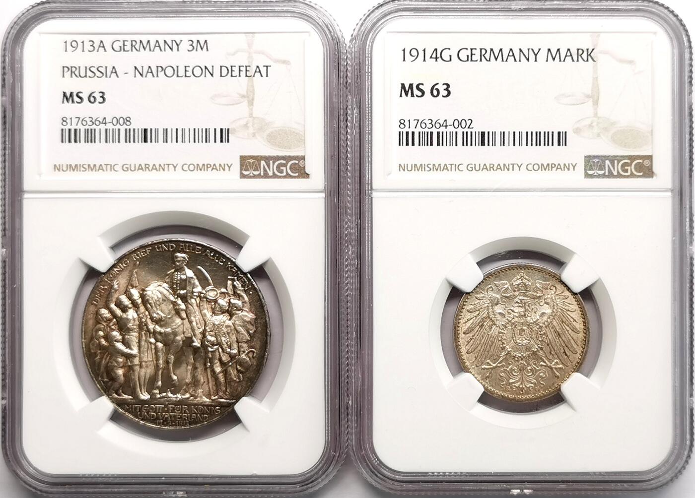 凡希社世界钱币微拍第二百七十一期 1913/14德国纪念3马克流通1马克两枚一组NGC-MS63