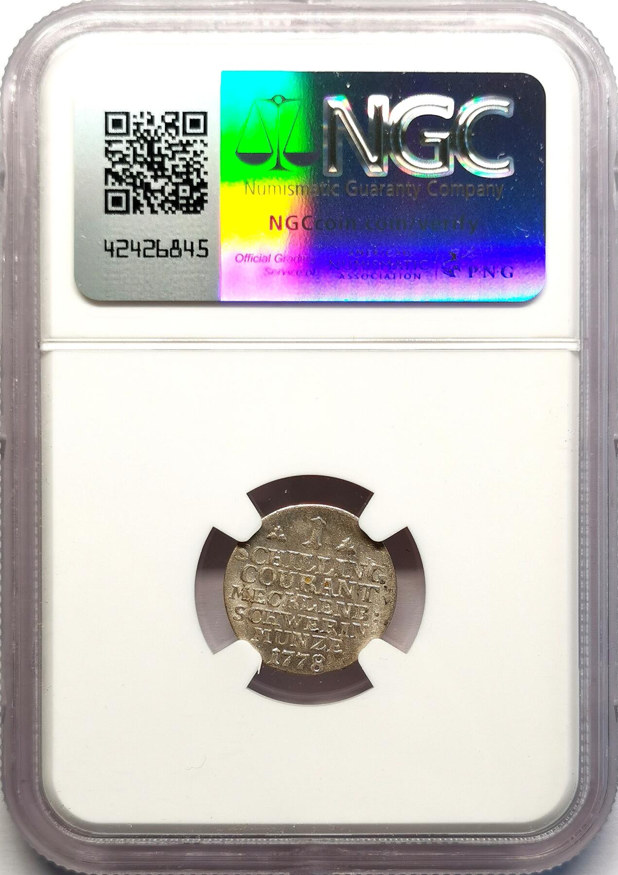 凡希社世界钱币微拍第二百七十一期 1778梅克伦堡什未林1S银辅币NGC-MS64，罕见原光品相！