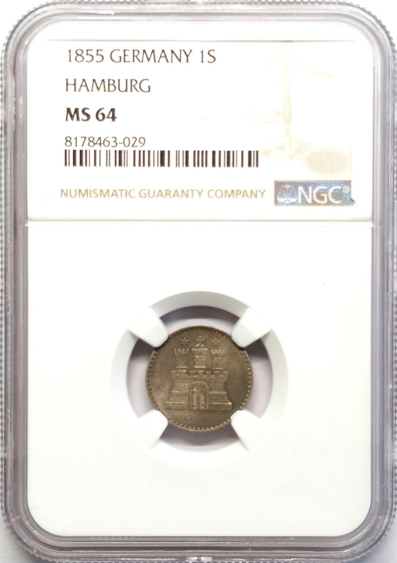 凡希社世界钱币微拍第二百七十一期 1855德国汉堡1S银辅币NGC-MS64