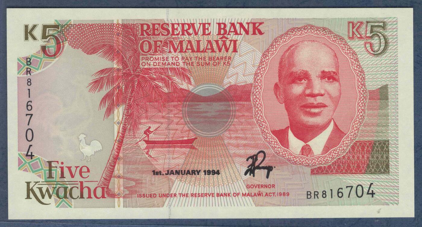 马拉维1994年5克瓦查 P-24b 非洲纸币 实物图 UNC 