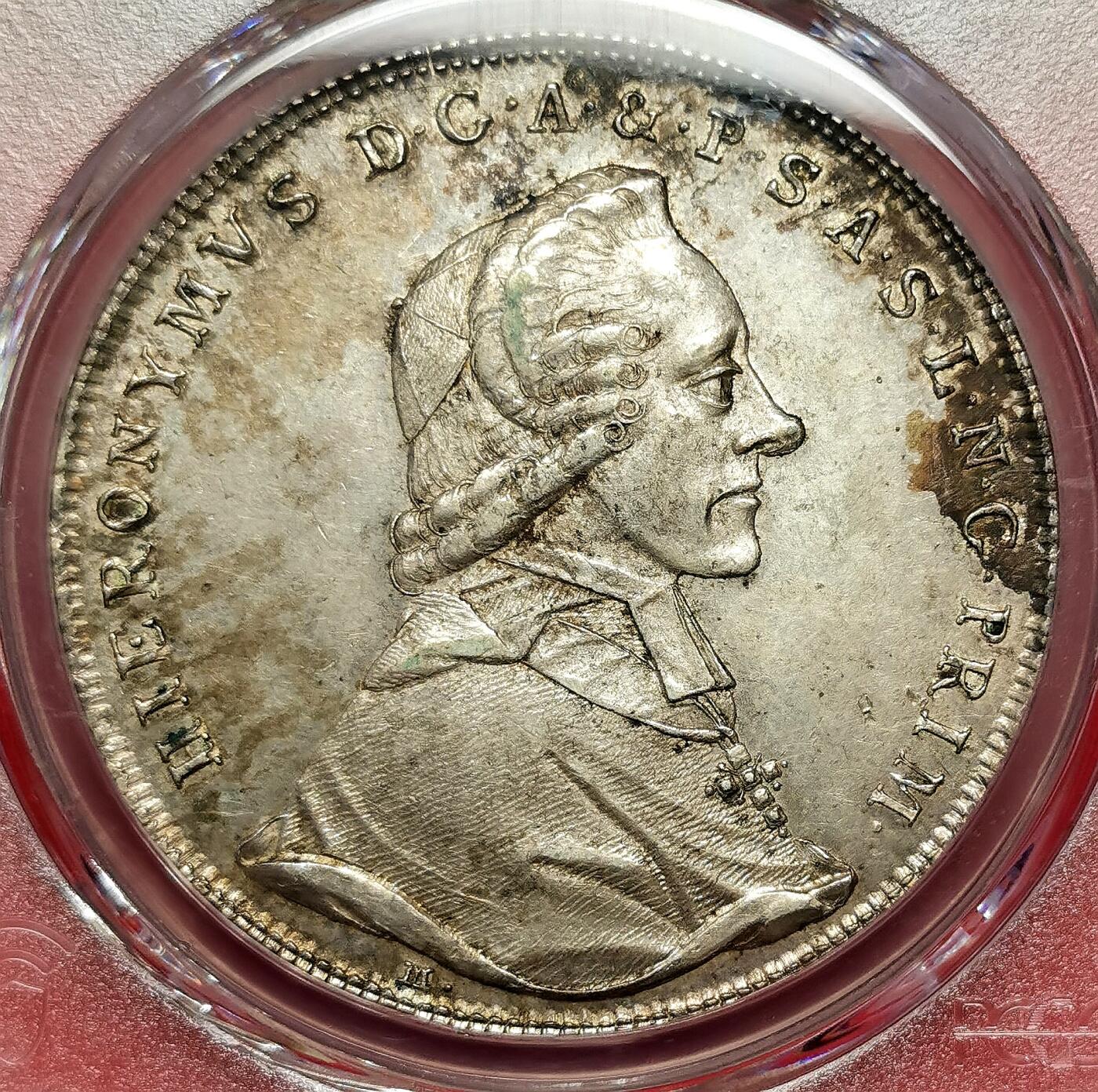 凡希社世界钱币微拍第二百七十一期 荐！1787M萨尔茨堡亲王大主教希罗尼穆斯泰勒大银PCGS-MS62，稀少的巴洛克式盾徽！