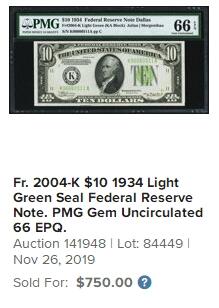 【Blue Auction】✨世界纸币精拍第485期【精】 【无47 达拉斯11区 Light Green版非常少见 亚军分】美国 1934年10美金 PMG66EPQ 高分 汉密尔顿 老壳